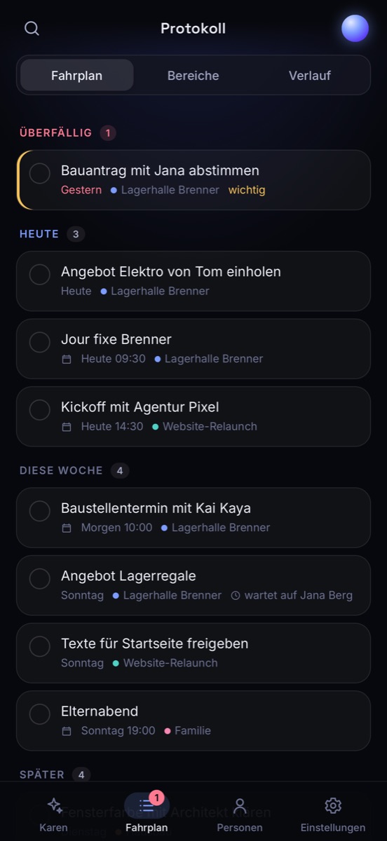Fahrplan mit überfälligen, heutigen und kommenden Aufgaben und Terminen