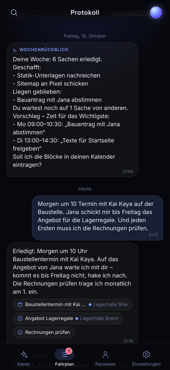 Verlauf mit Wochenrückblick und Karens Nachfrage nach einem Termin