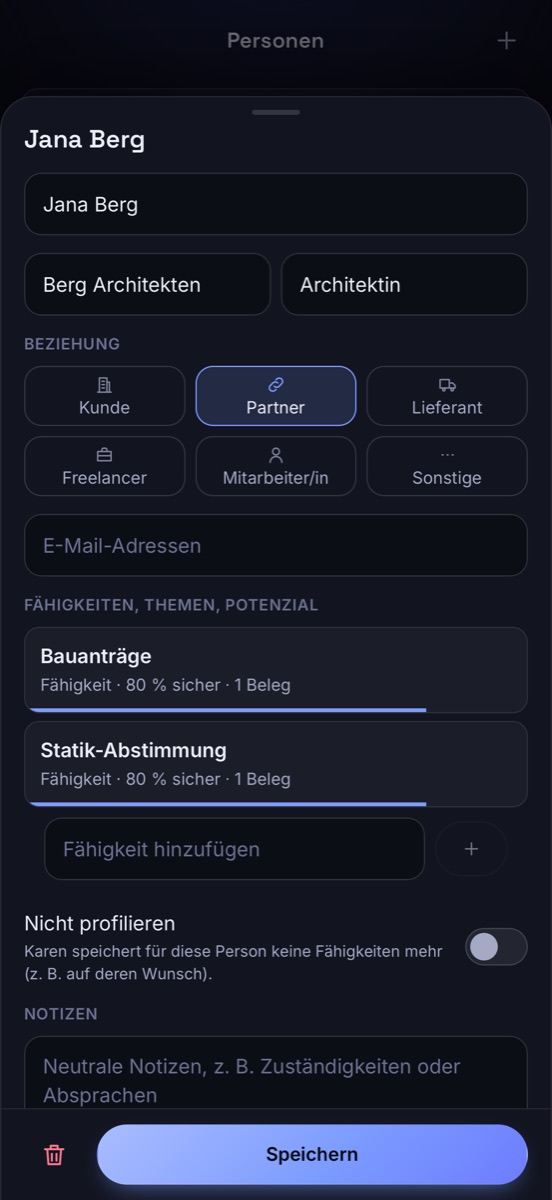 Person mit Fähigkeiten, jeweils mit Beleg